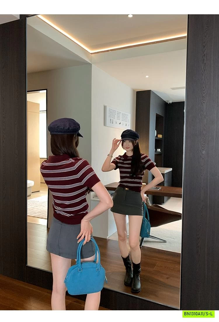 POLO LEN KẺ NGẮN TAY