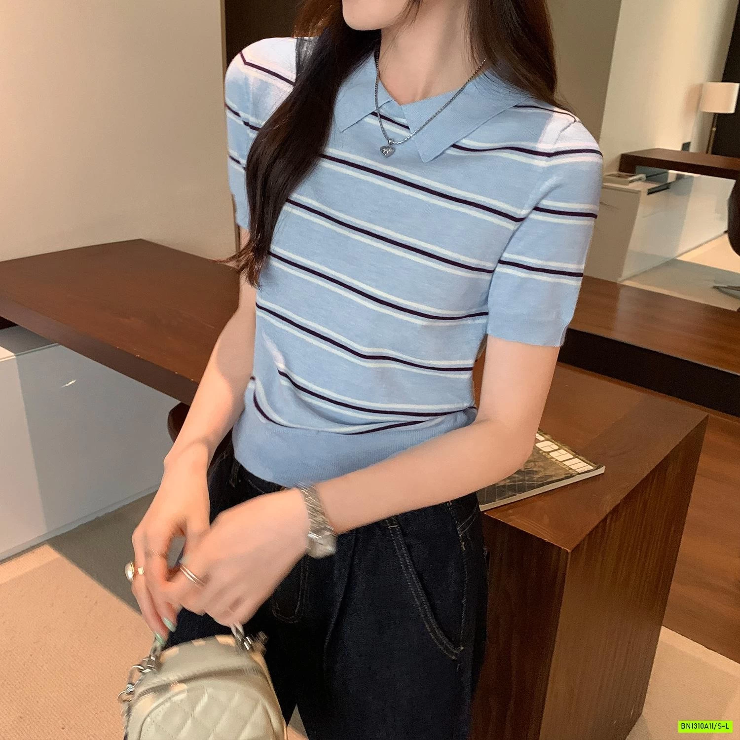 POLO LEN KẺ NGẮN TAY