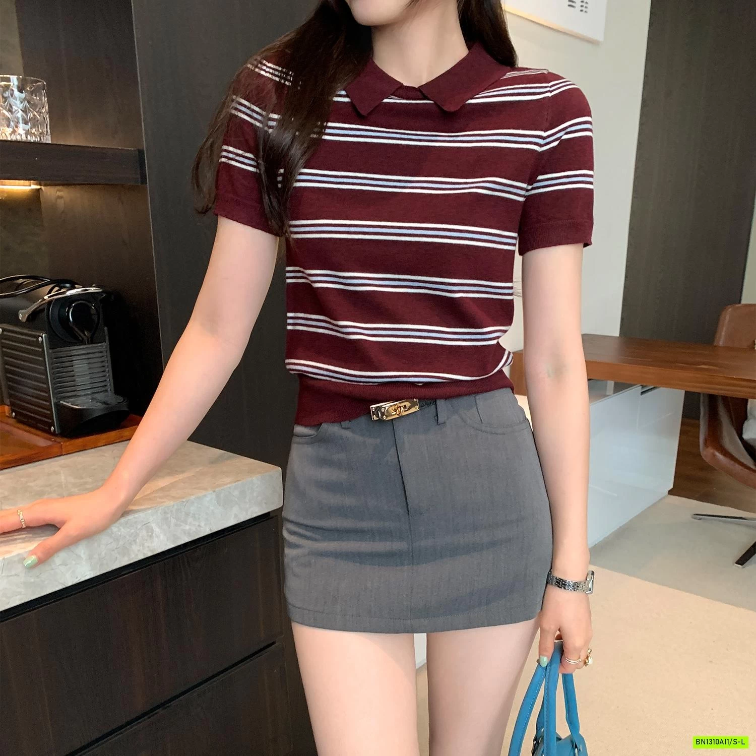 POLO LEN KẺ NGẮN TAY