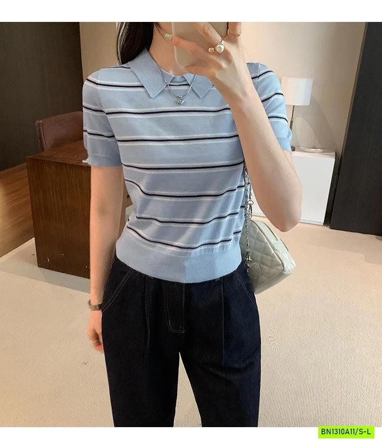 POLO LEN KẺ NGẮN TAY