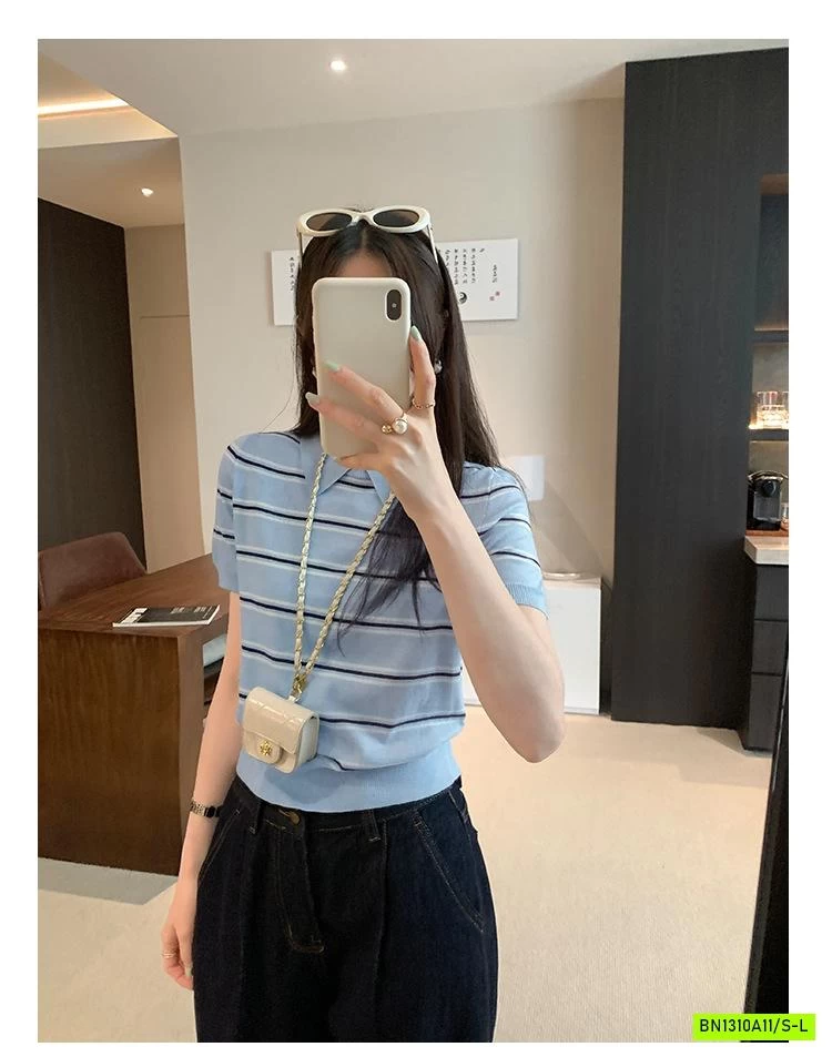 POLO LEN KẺ NGẮN TAY