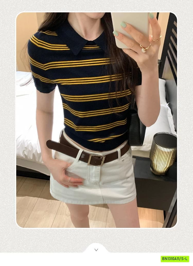 POLO LEN KẺ NGẮN TAY