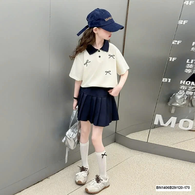 SET ÁO POLO NƠ MIX CHÂN VÁY XẾP LY