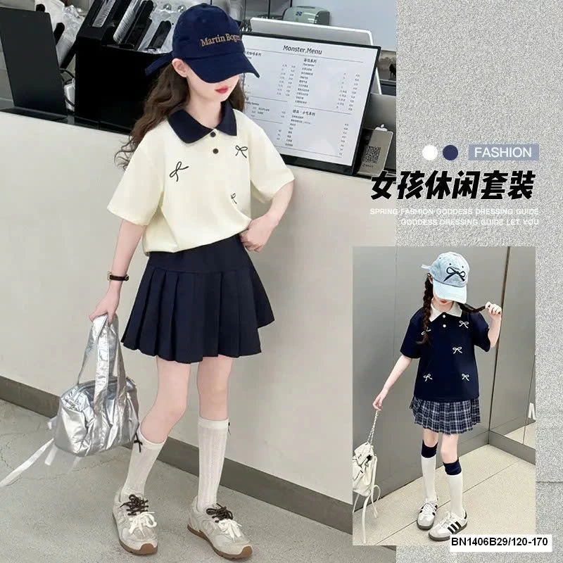 SET ÁO POLO NƠ MIX CHÂN VÁY XẾP LY