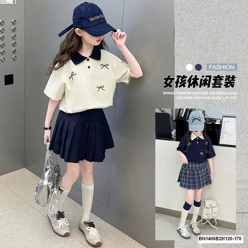 SET ÁO POLO NƠ MIX CHÂN VÁY XẾP LY