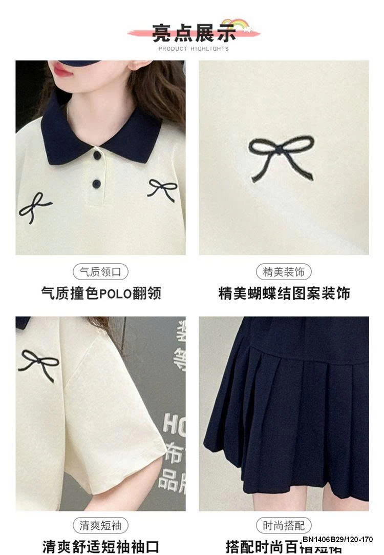 SET ÁO POLO NƠ MIX CHÂN VÁY XẾP LY