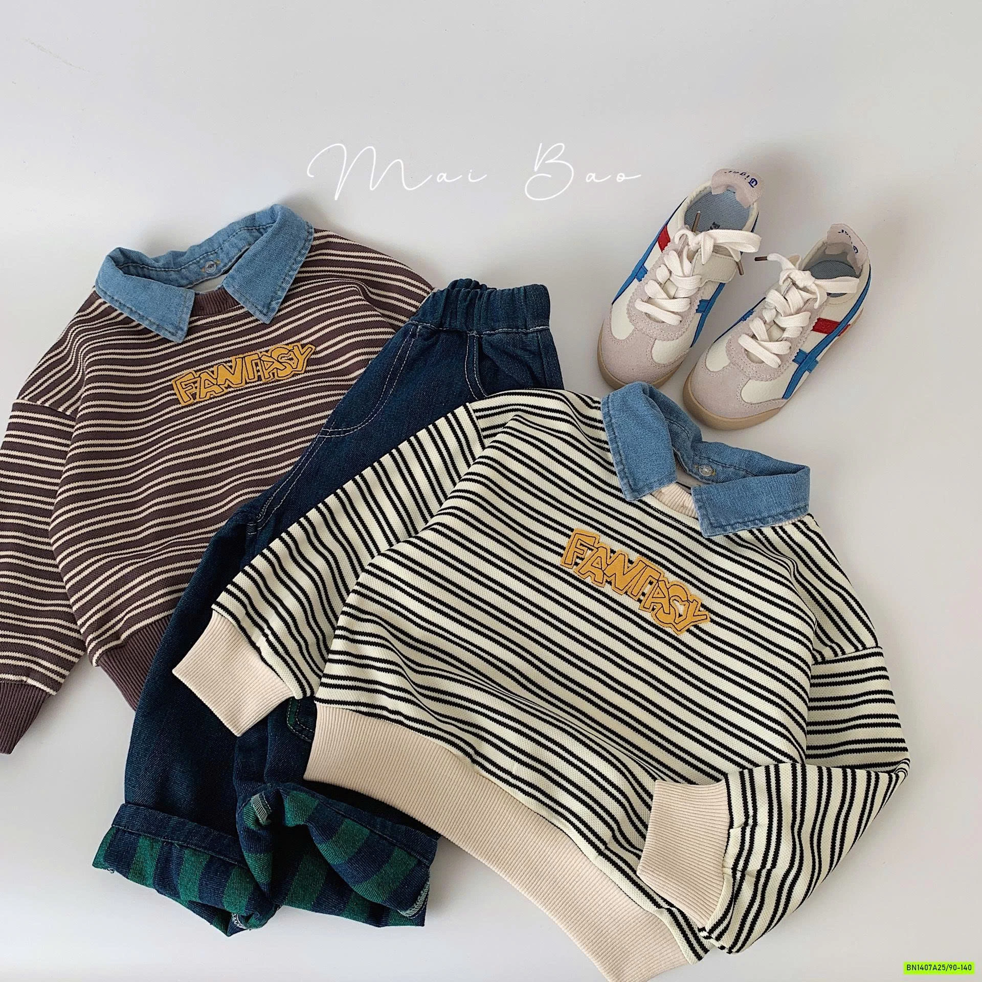 ÁO NỈ KẺ CỔ BẺ PHỐI JEANS