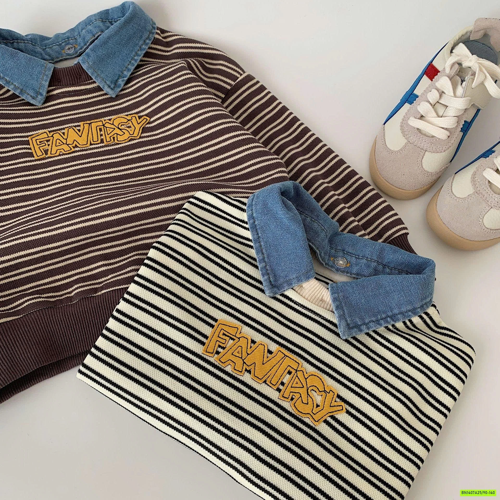 ÁO NỈ KẺ CỔ BẺ PHỐI JEANS