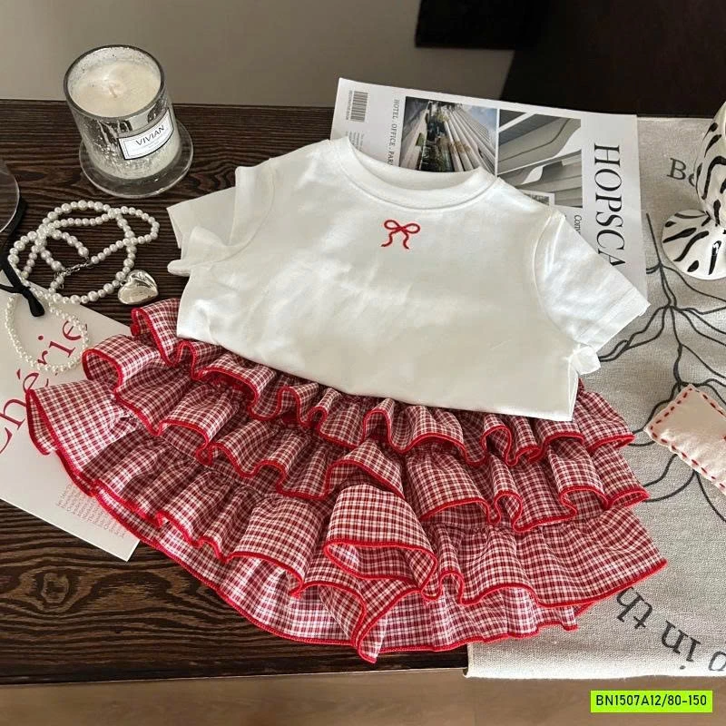 SÉT ÁO THÊU NƠ MIX CV CARO ĐỎ