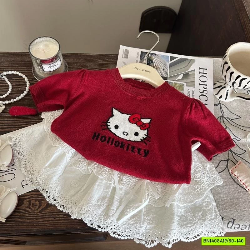 ÁO LEN ĐỎ KITTY MIX CV TRẮNG XẾP TẦNG