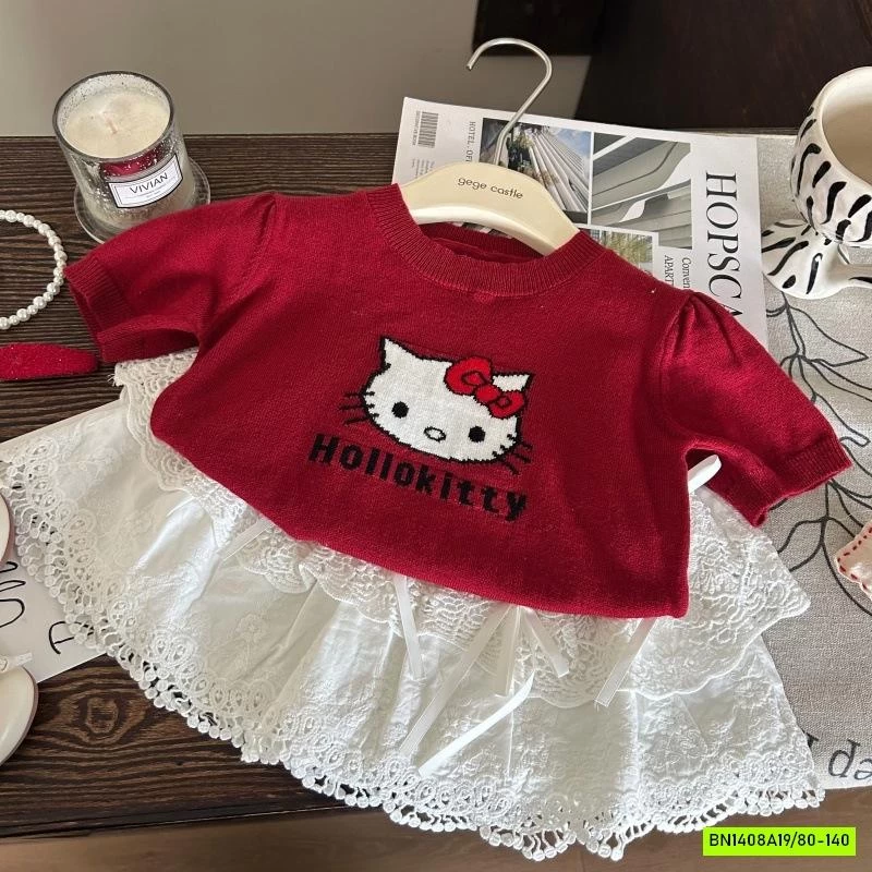 ÁO LEN ĐỎ KITTY MIX CV TRẮNG XẾP TẦNG