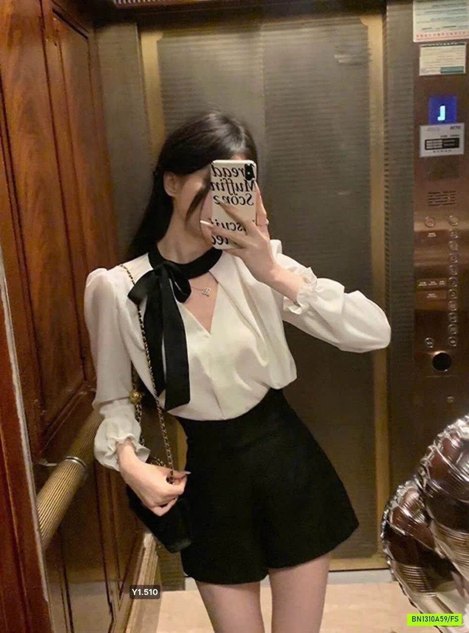 SƠ MI DÀI TAY CỔ V THẮT NƠ WGWE7428