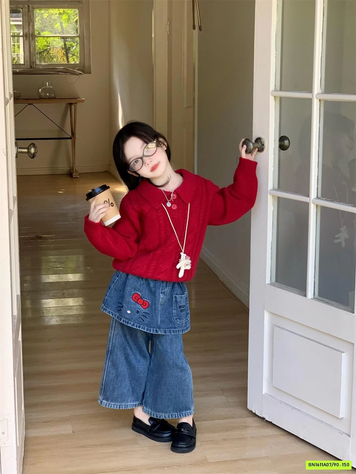 JEANS SUÔNG GIẢ VÁY MIX ÁO LEN ĐỎ