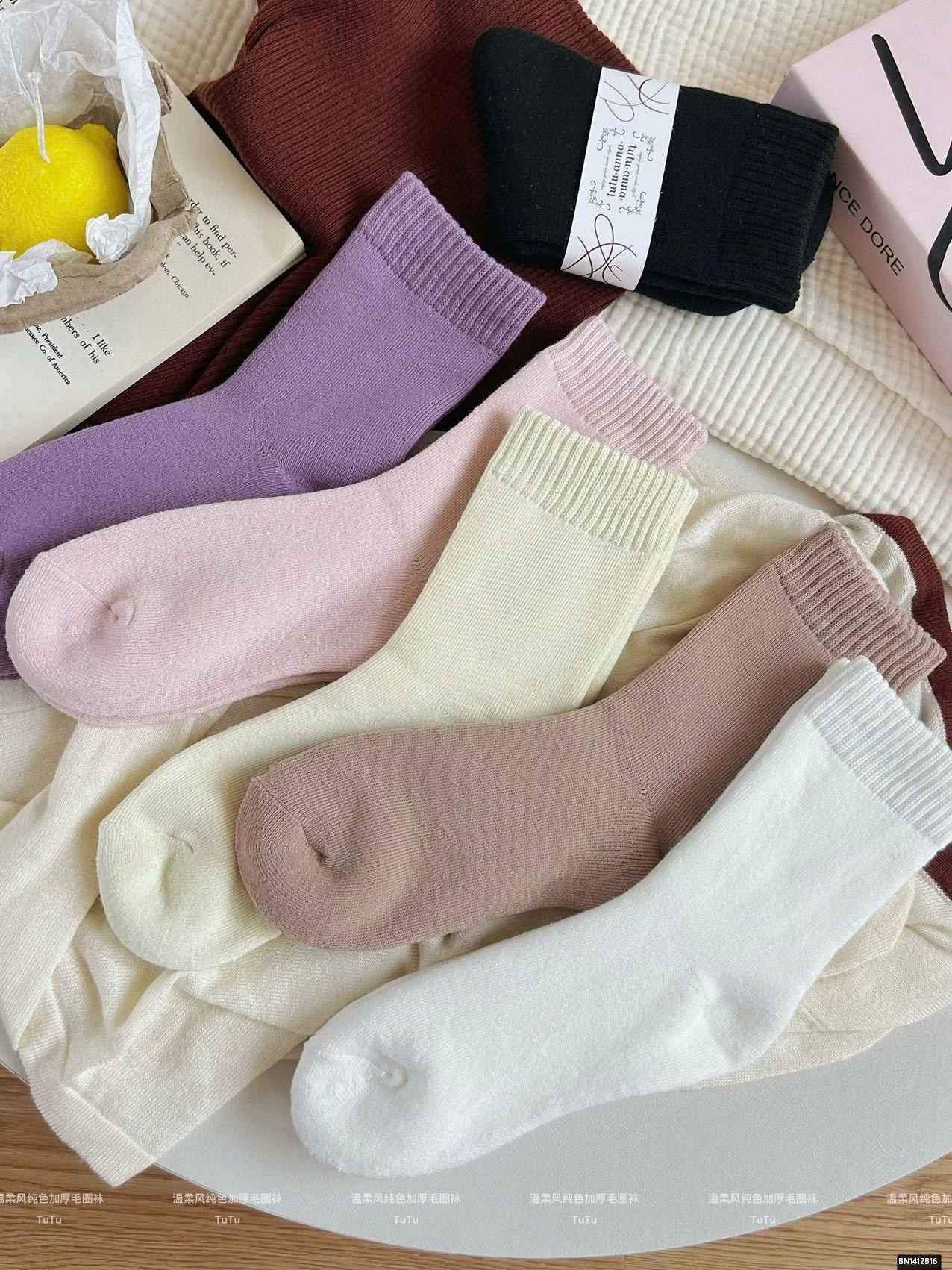 SET 6 ĐÔI TẤT TRƠN MÀU LÓT LÔNG MÙA ĐÔNG