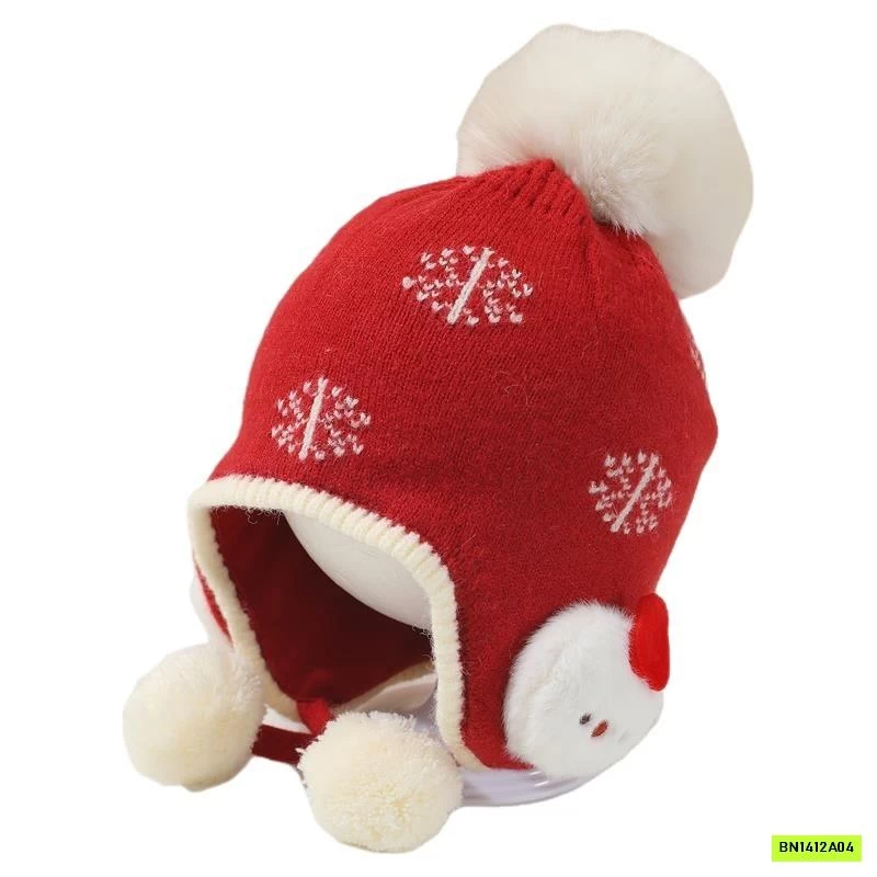 MŨ LEN ĐỎ BỊT TAI GẮN BÔNG DỄ THƯƠNG