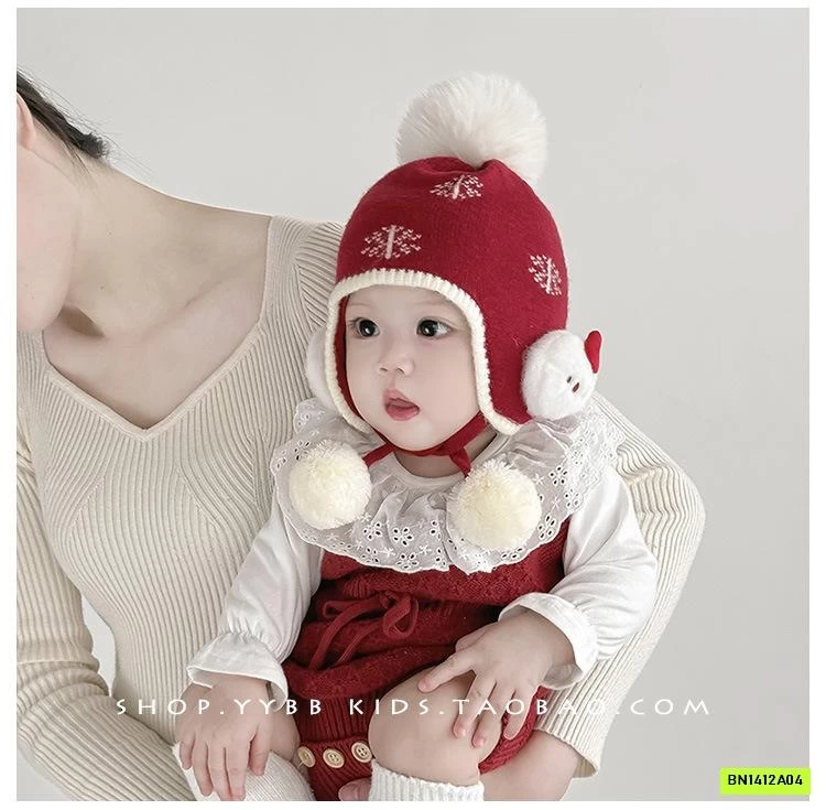 MŨ LEN ĐỎ BỊT TAI GẮN BÔNG DỄ THƯƠNG