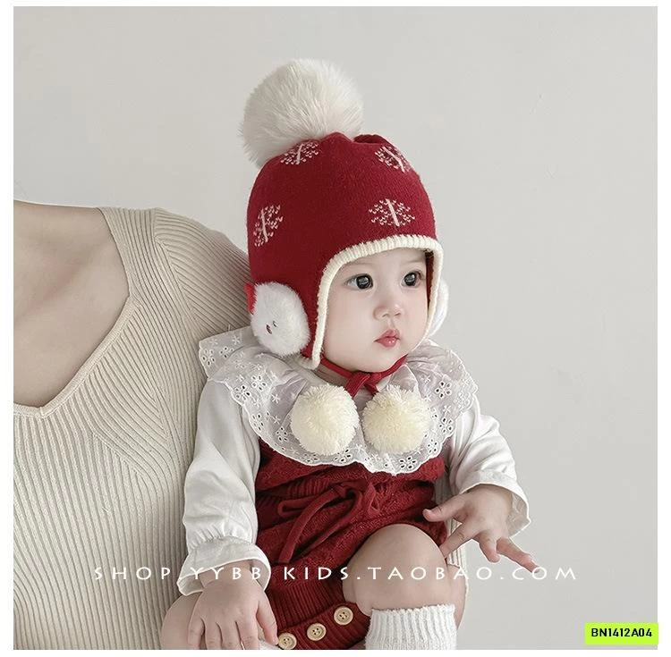 MŨ LEN ĐỎ BỊT TAI GẮN BÔNG DỄ THƯƠNG