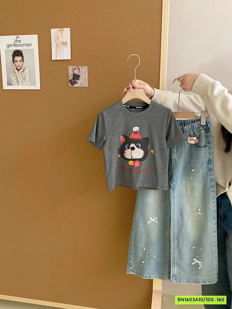 ÁO THUN MÈO MIX JEANS SUÔNG GẮN NƠ