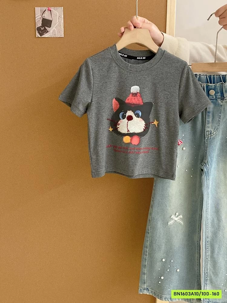 ÁO THUN MÈO MIX JEANS SUÔNG GẮN NƠ