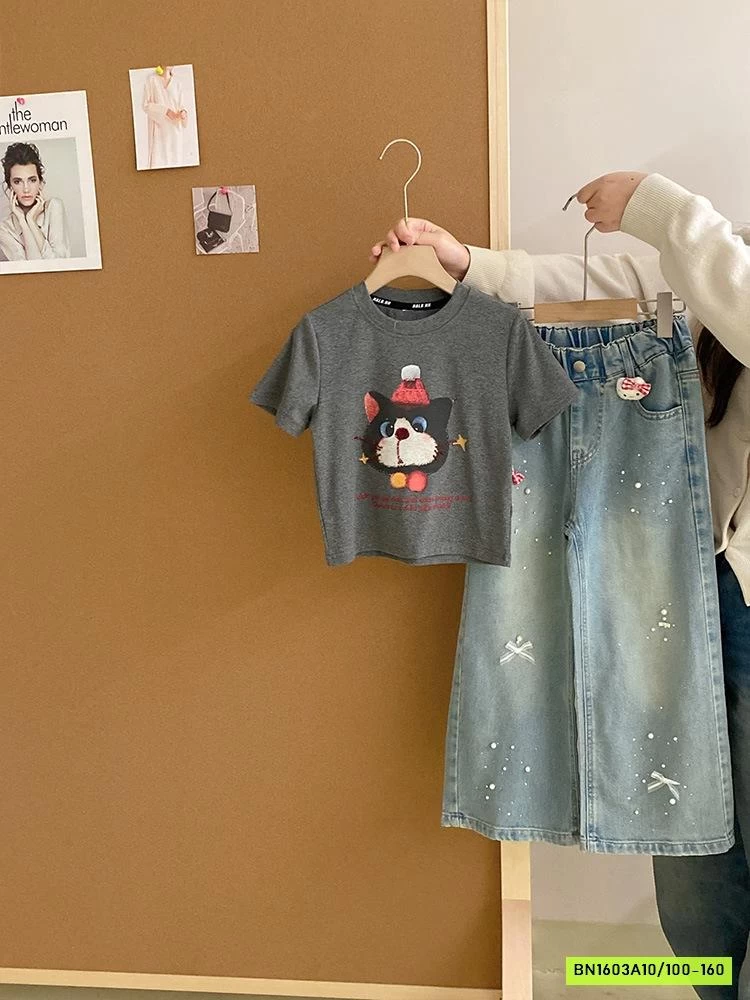 ÁO THUN MÈO MIX JEANS SUÔNG GẮN NƠ