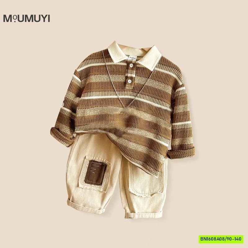 POLO LEN DỆT KẺ NÂU