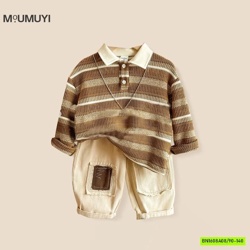 POLO LEN DỆT KẺ NÂU