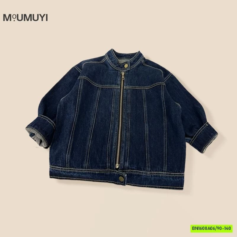 KHOÁC JEANS CỔ TRỤ VIỀN CHỈ NỔ