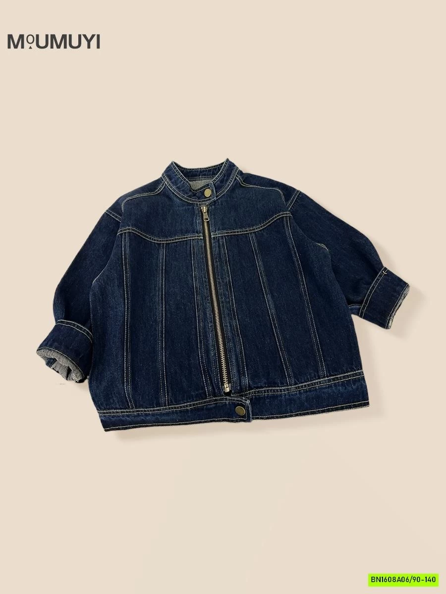 KHOÁC JEANS CỔ TRỤ VIỀN CHỈ NỔ