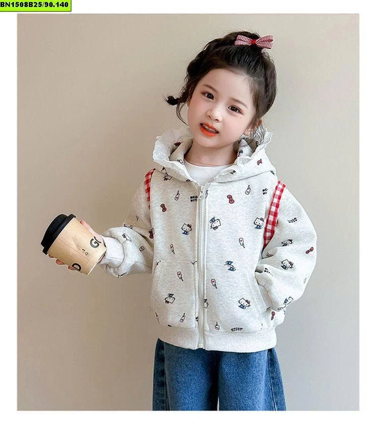 ÁO NỈ KITTY XÁM MŨ REN