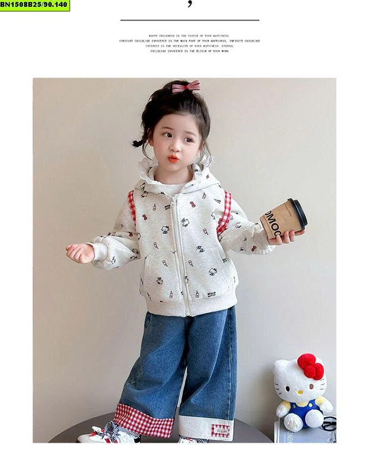 ÁO NỈ KITTY XÁM MŨ REN