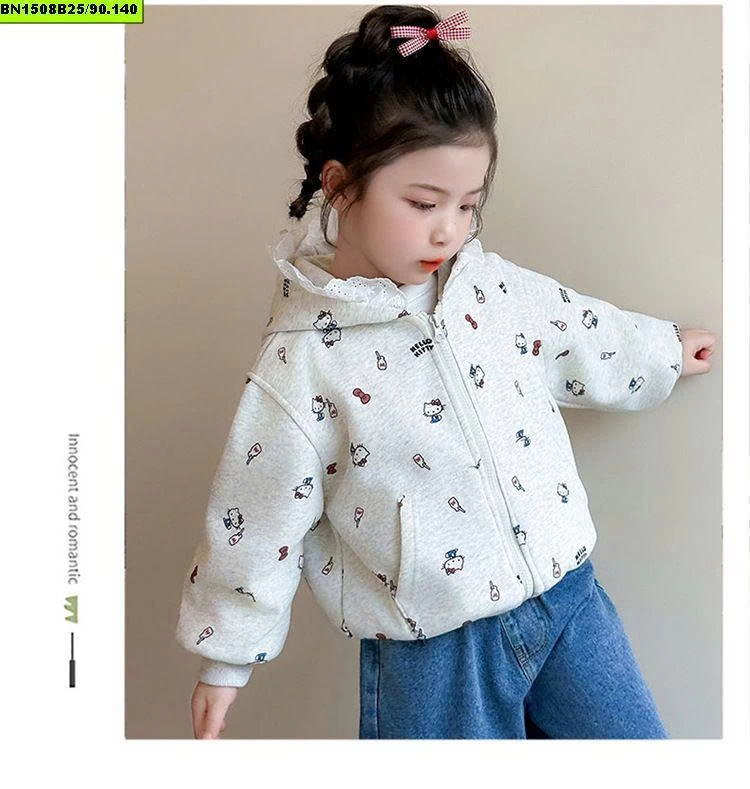 ÁO NỈ KITTY XÁM MŨ REN