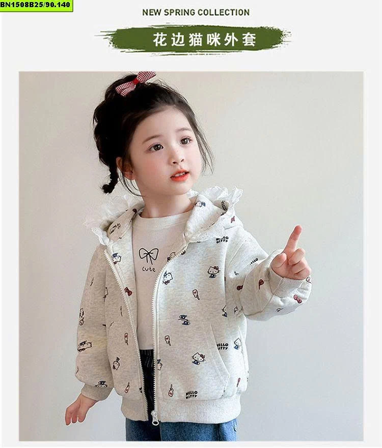 ÁO NỈ KITTY XÁM MŨ REN