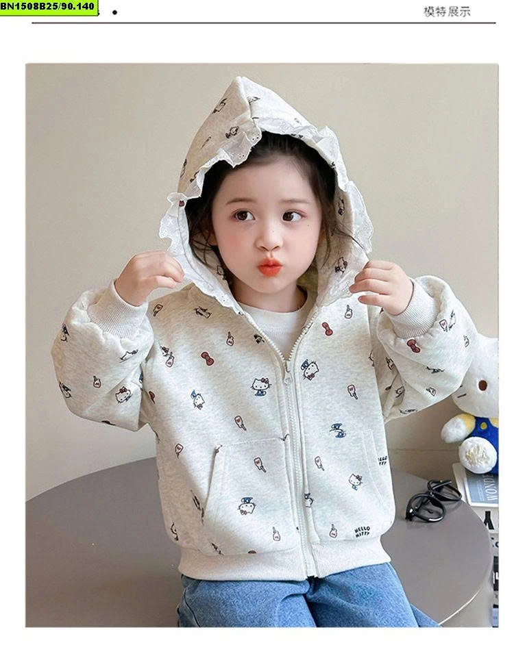 ÁO NỈ KITTY XÁM MŨ REN