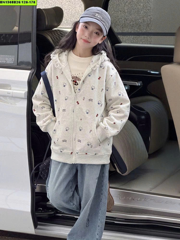ÁO NỈ KITTY XÁM MŨ REN DÒNG SIZE ĐẠI