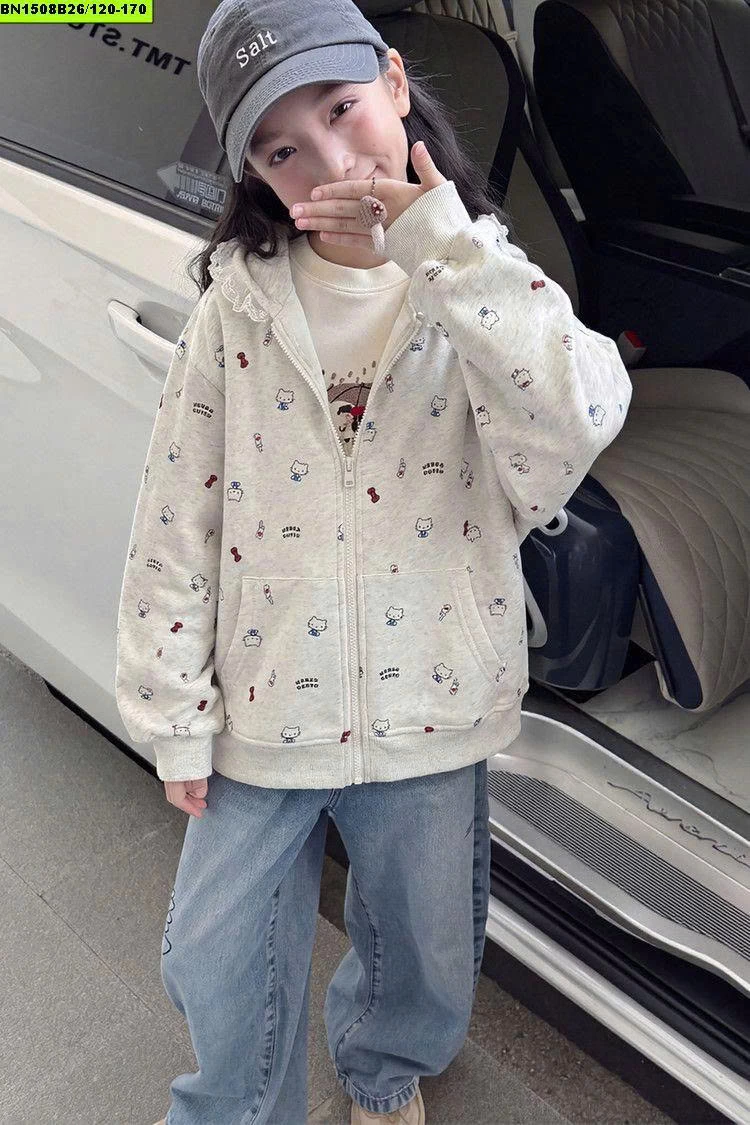 ÁO NỈ KITTY XÁM MŨ REN DÒNG SIZE ĐẠI