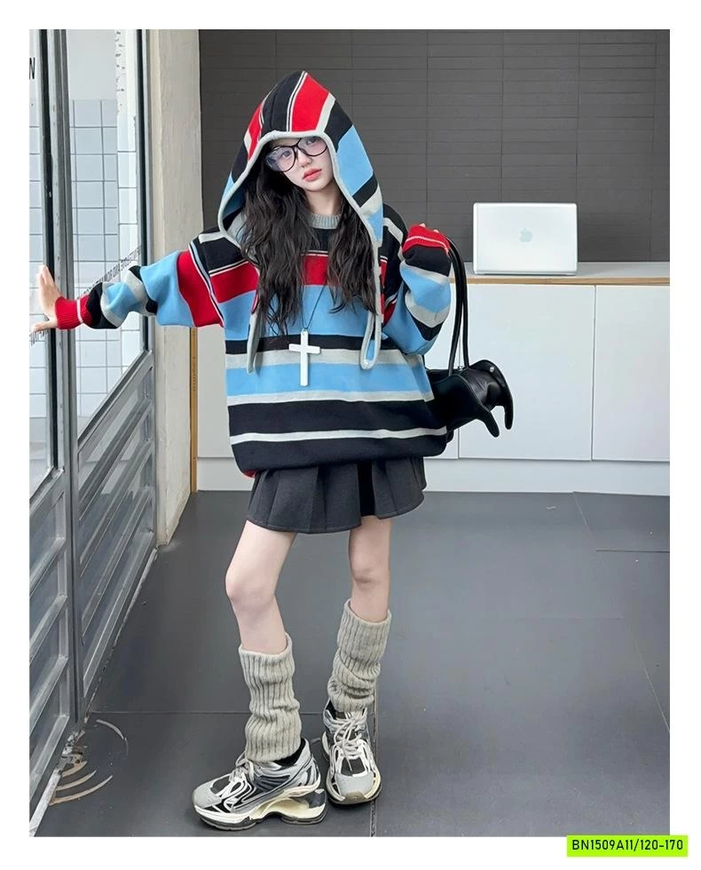 HOODIE LEN KẺ SẮC MÀU SZ ĐẠI