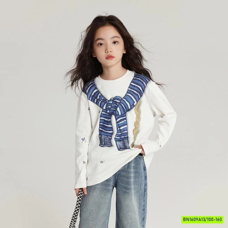 ÁO NỈ IN HÌNH GIẢ KHĂN CHOÀNG XANH