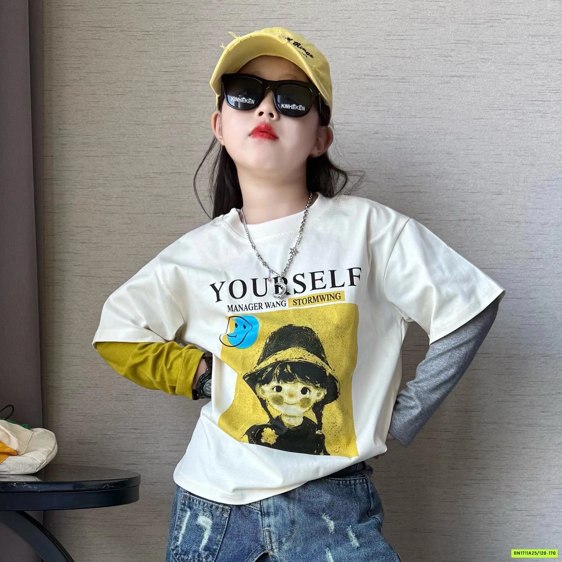 ÁO CÔ GÁI GIẢ 2 LỚP MIX JEANS SUÔNG