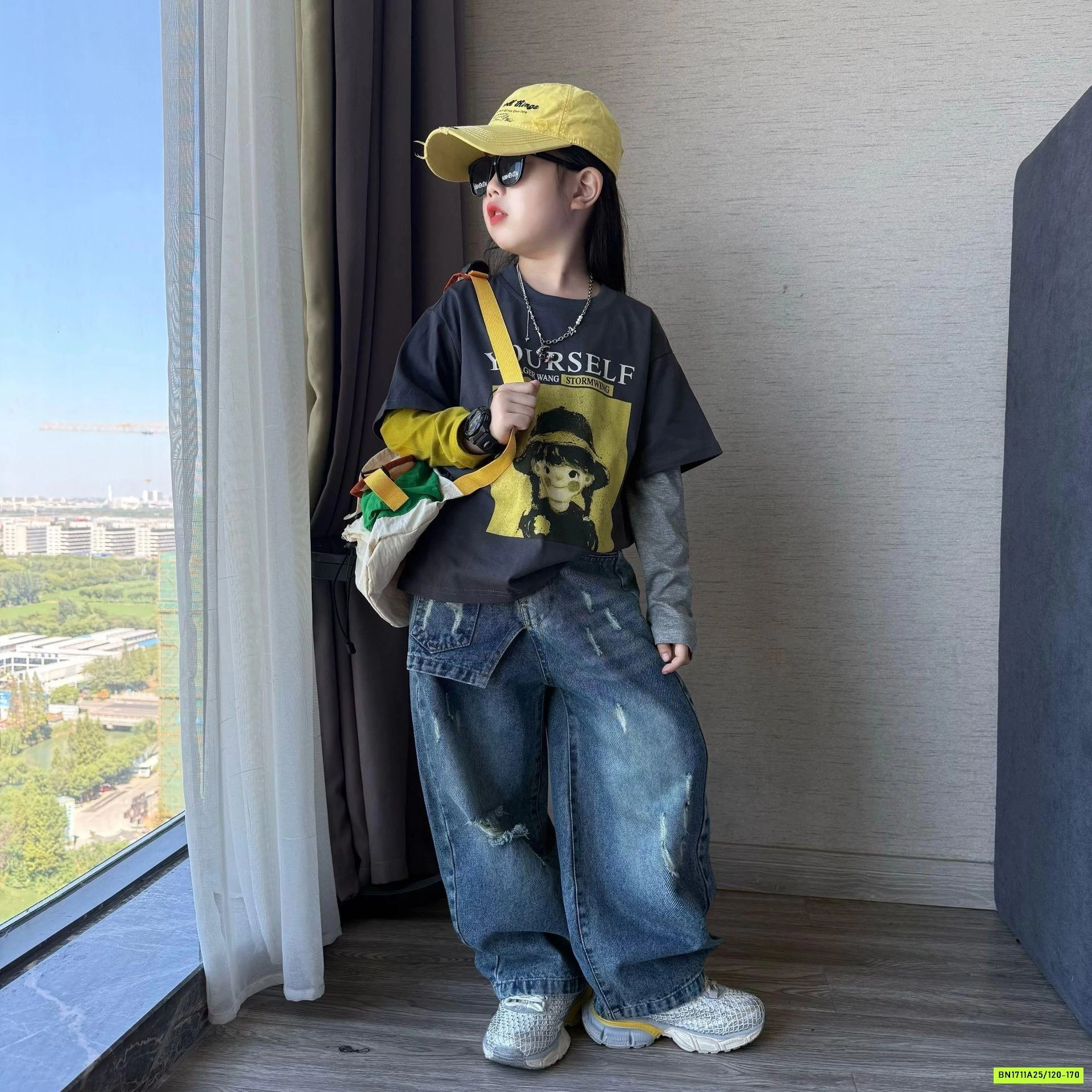 ÁO CÔ GÁI GIẢ 2 LỚP MIX JEANS SUÔNG