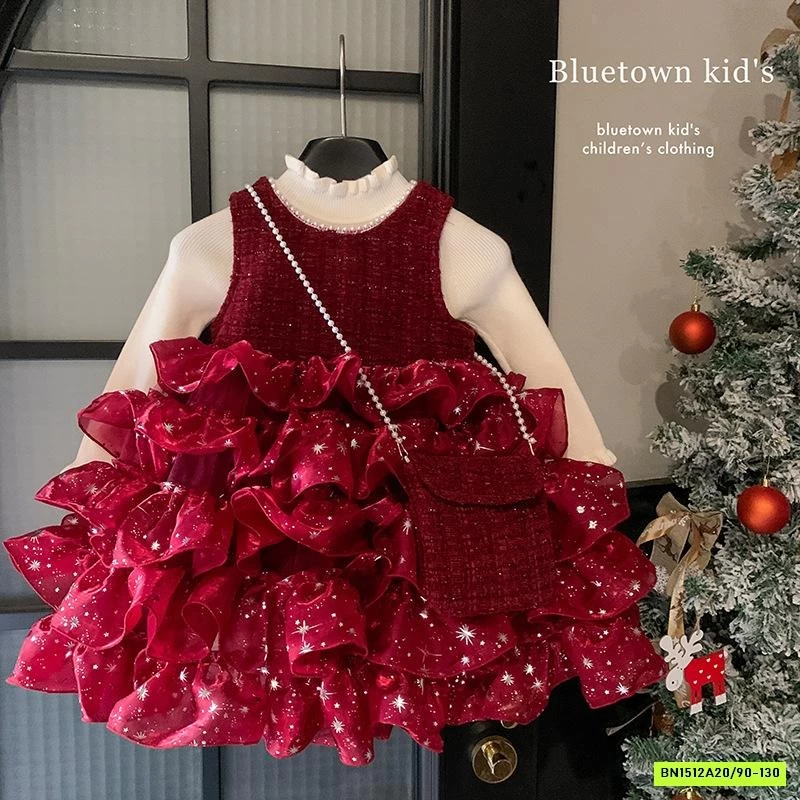 SÉT ĐẦM DẠ ĐỎ CHÂN VOAN BỒNG BLUETOWN