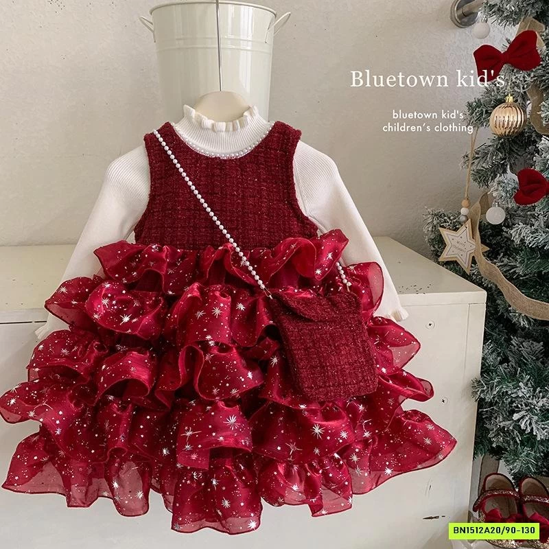 SÉT ĐẦM DẠ ĐỎ CHÂN VOAN BỒNG BLUETOWN