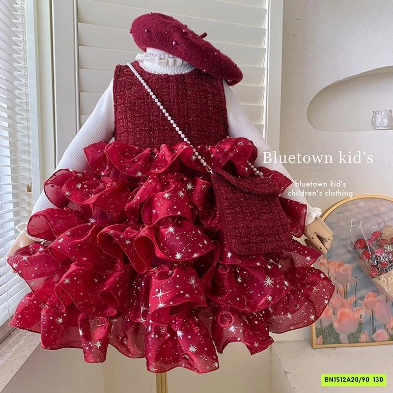 SÉT ĐẦM DẠ ĐỎ CHÂN VOAN BỒNG BLUETOWN