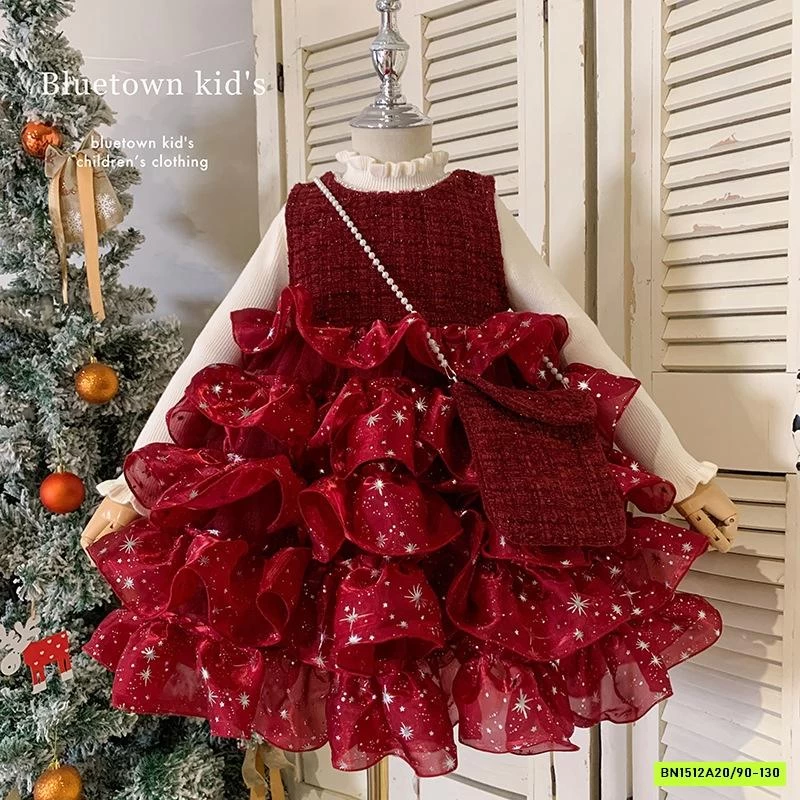 SÉT ĐẦM DẠ ĐỎ CHÂN VOAN BỒNG BLUETOWN