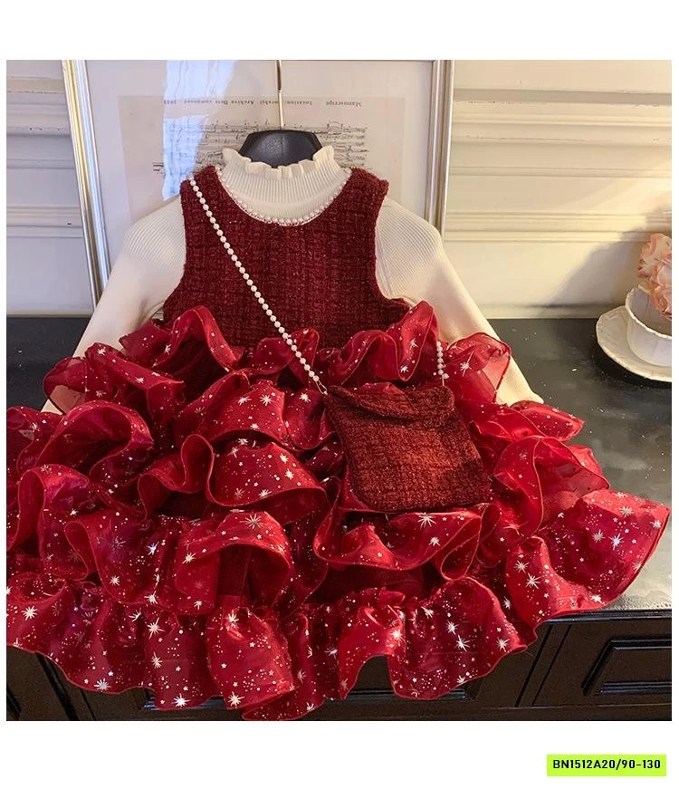 SÉT ĐẦM DẠ ĐỎ CHÂN VOAN BỒNG BLUETOWN