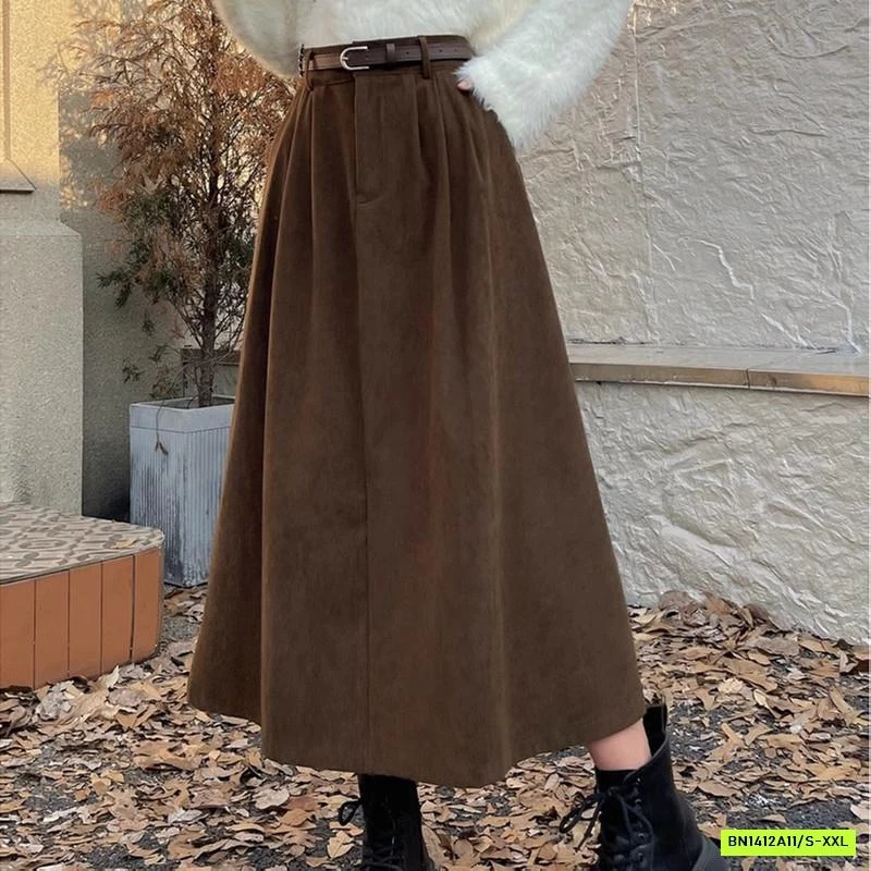 CHÂN VÁY KAKI NHUNG DÁNG DÀI KÈM THẮT LƯNG