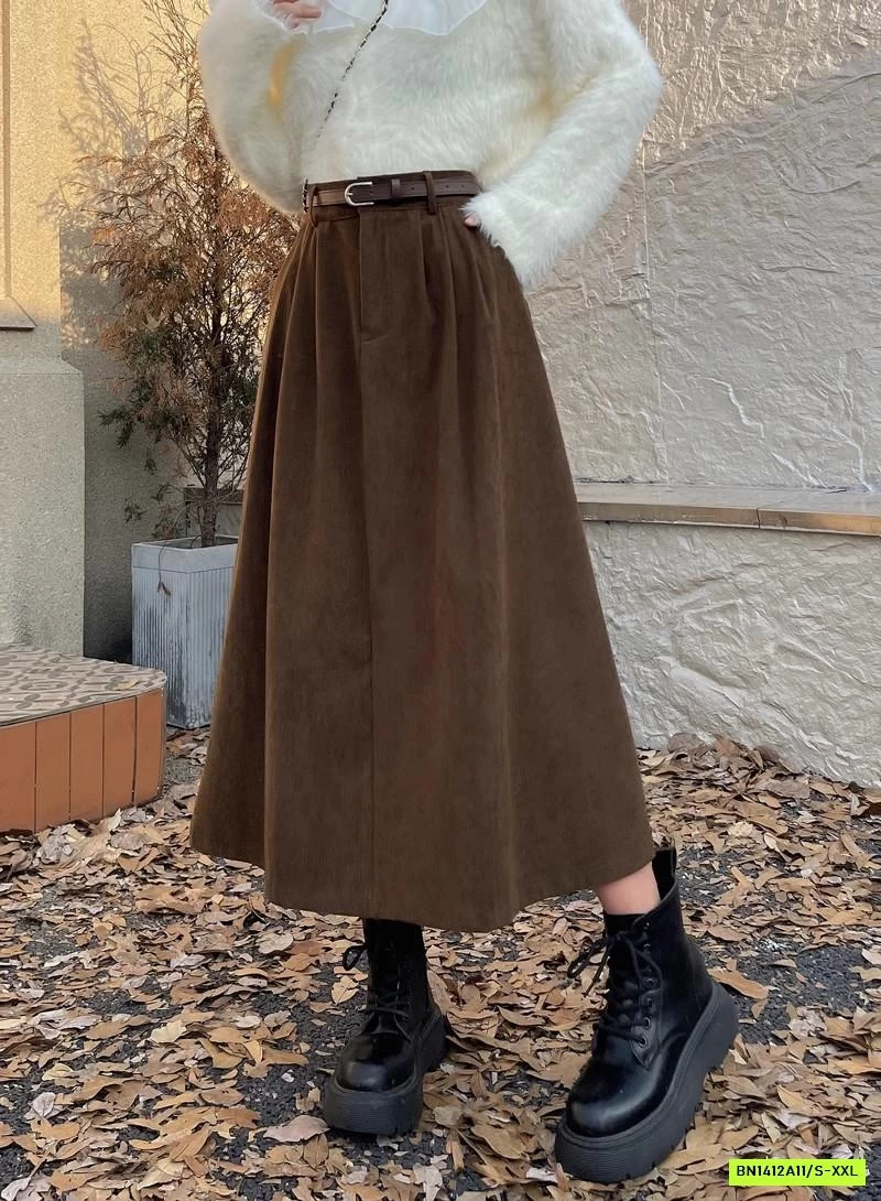 CHÂN VÁY KAKI NHUNG DÁNG DÀI KÈM THẮT LƯNG