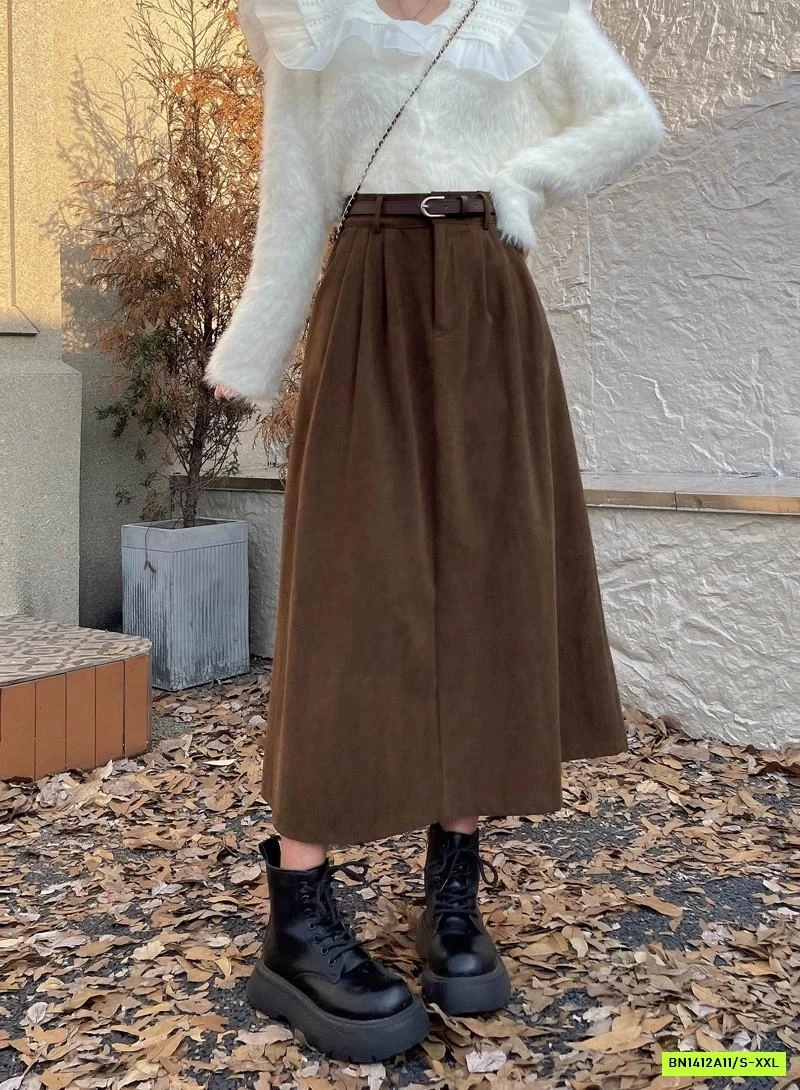 CHÂN VÁY KAKI NHUNG DÁNG DÀI KÈM THẮT LƯNG