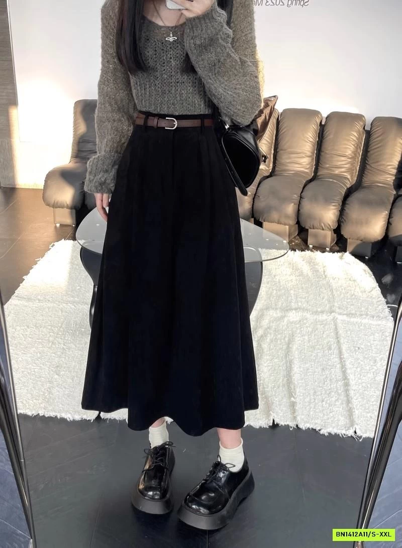 CHÂN VÁY KAKI NHUNG DÁNG DÀI KÈM THẮT LƯNG