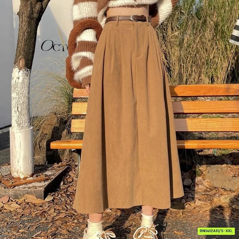 CHÂN VÁY KAKI NHUNG DÁNG DÀI KÈM THẮT LƯNG