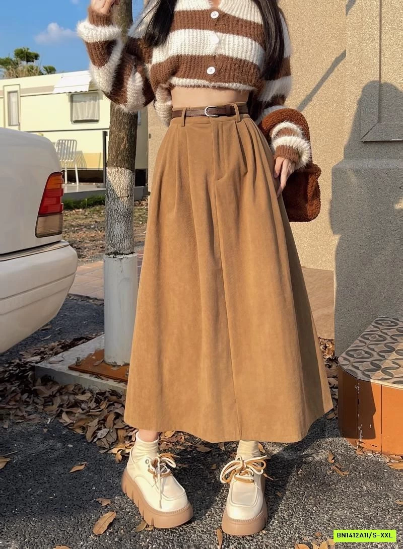 CHÂN VÁY KAKI NHUNG DÁNG DÀI KÈM THẮT LƯNG